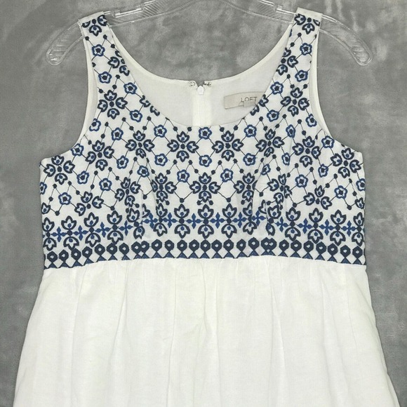 Ann Taylor LOFT Dress Womens 0 White Empire Waist Shift Embroidered Linen Cotton - Picture 2 of 10